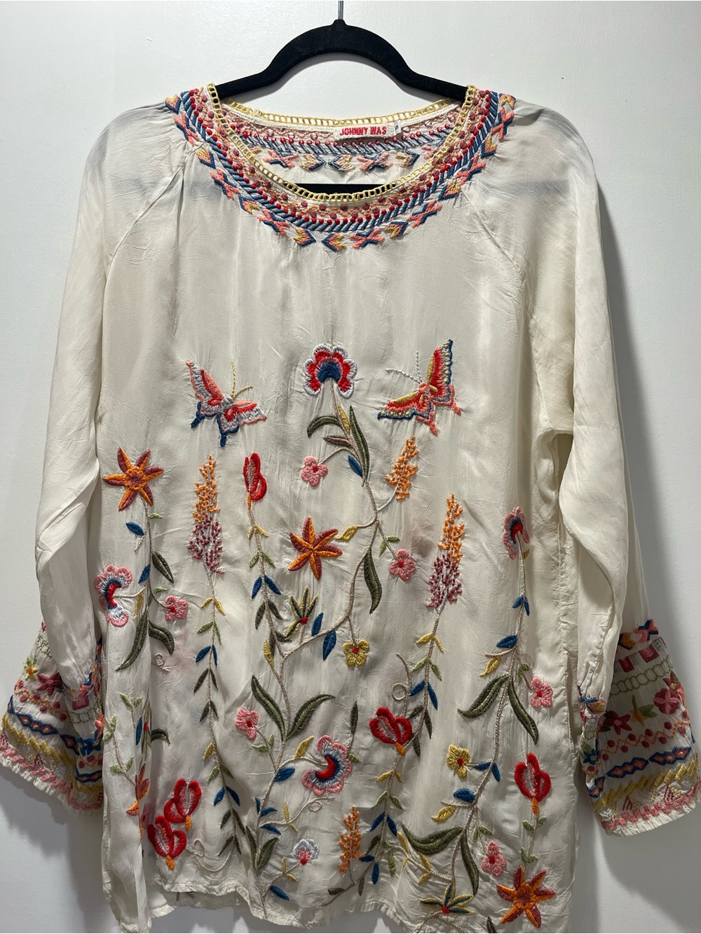 Johnny Was Ivory Embroidered Floral Tunic with Multicolor Trim